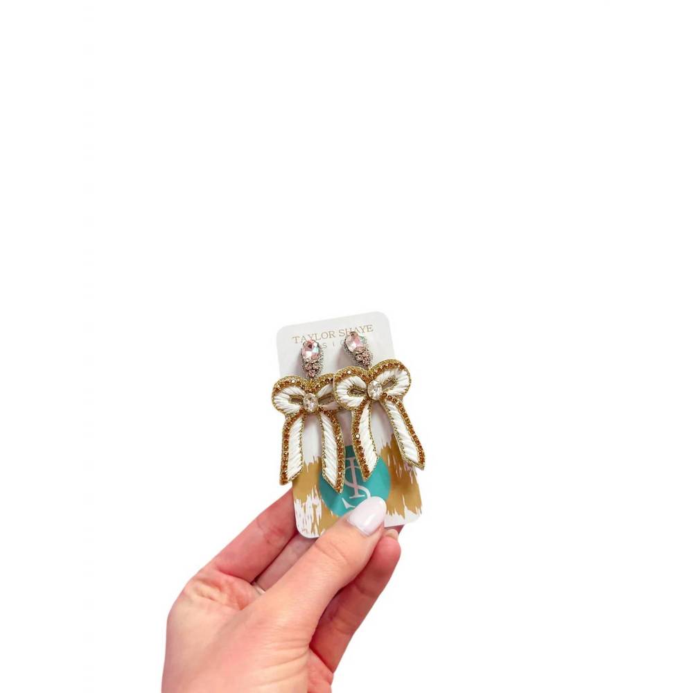 NEW TAYLOR SHAYE women's beaded bow drop earrings in white